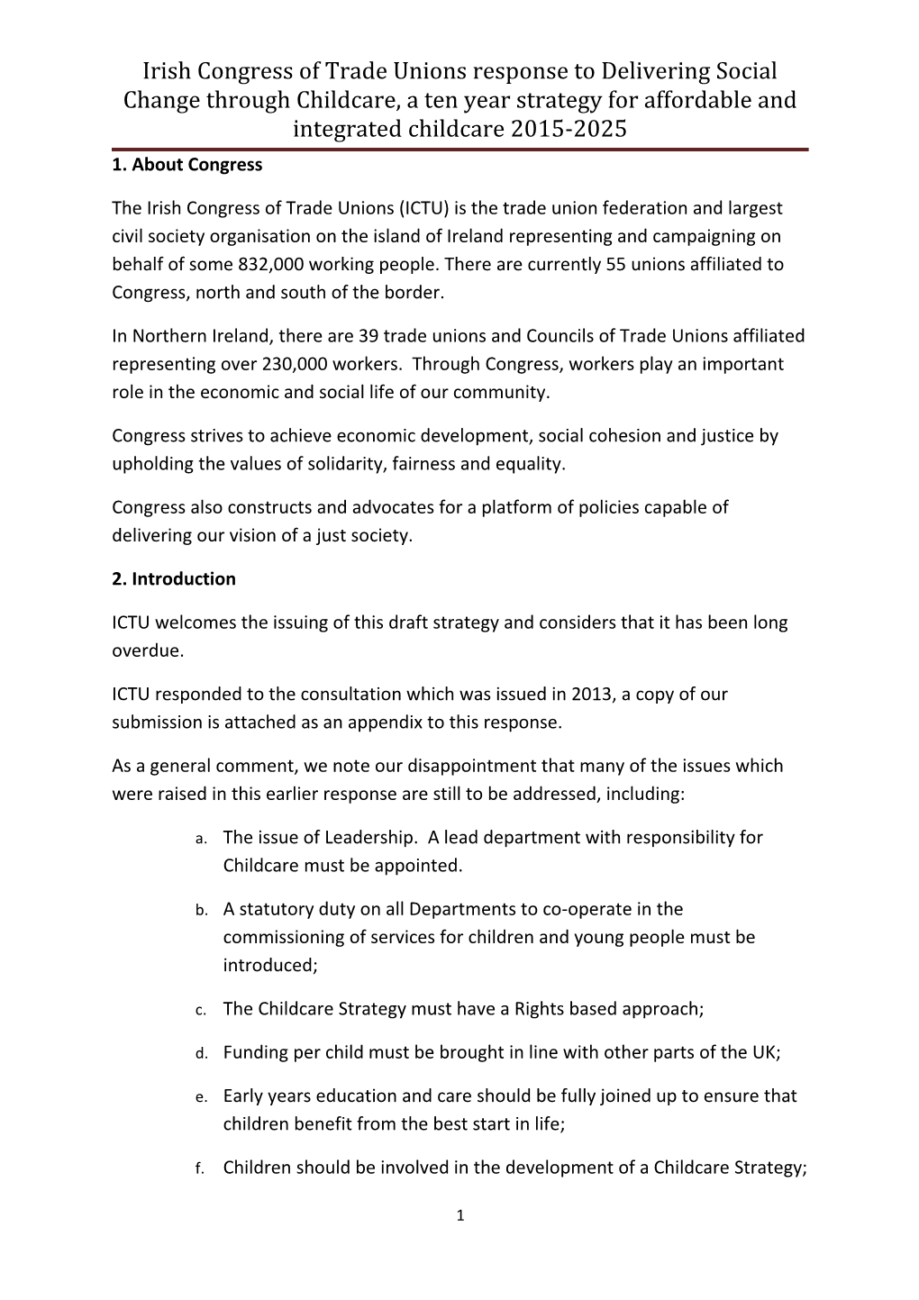 Irish Congress of Trade Unions Response to Delivering Social Change Through Childcare