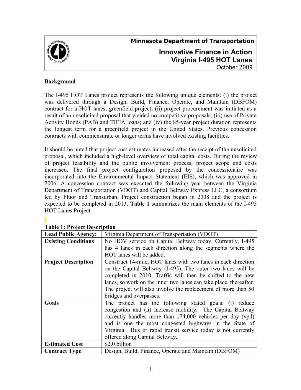 VIRGINIA I-495 HOT Lanes: Case Study on DBFO Concession and HOT Lanes