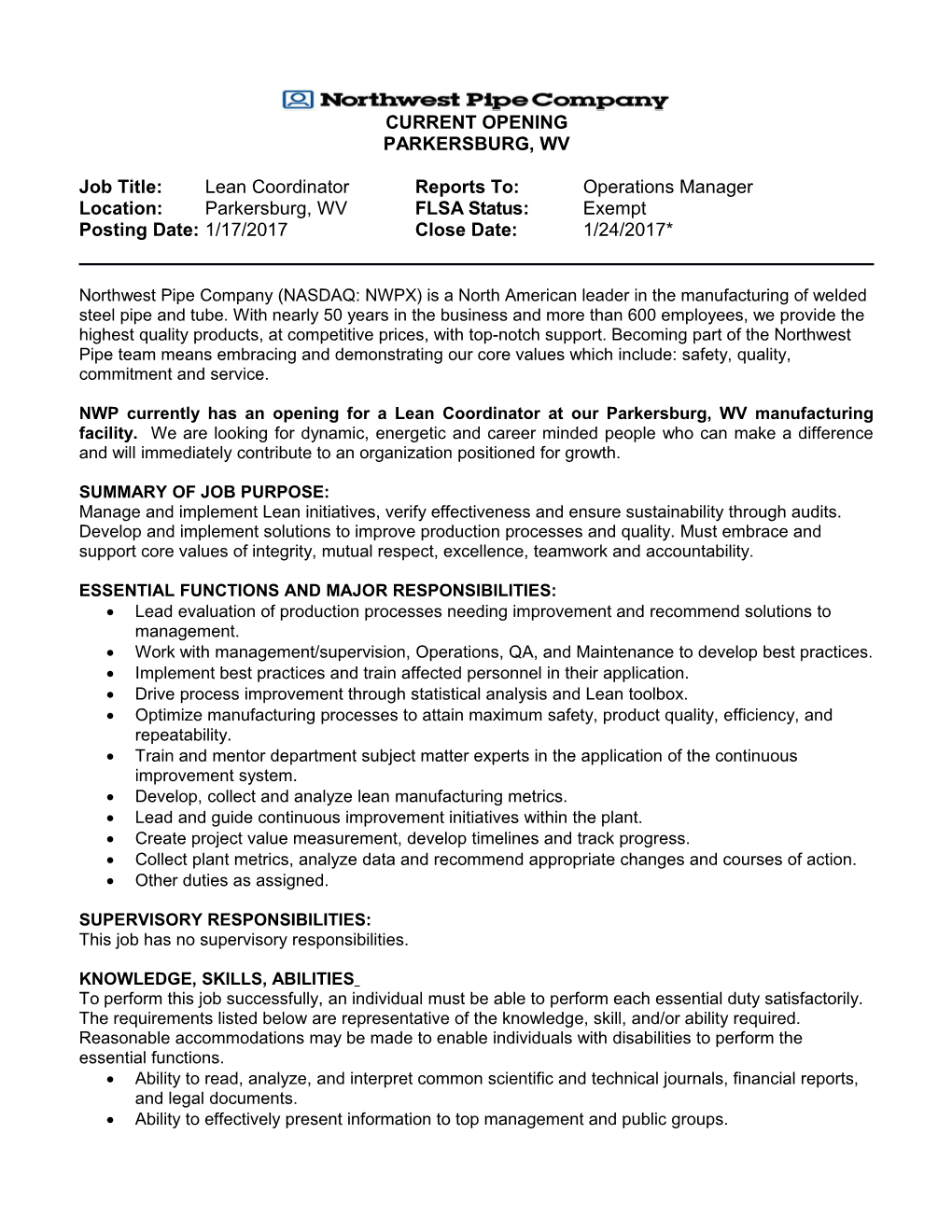 Jobtitle: Lean Coordinator Reports To: Operations Manager