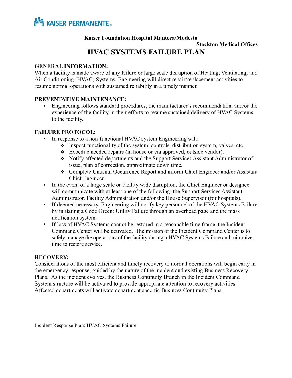 HVAC Systems Failure Plan