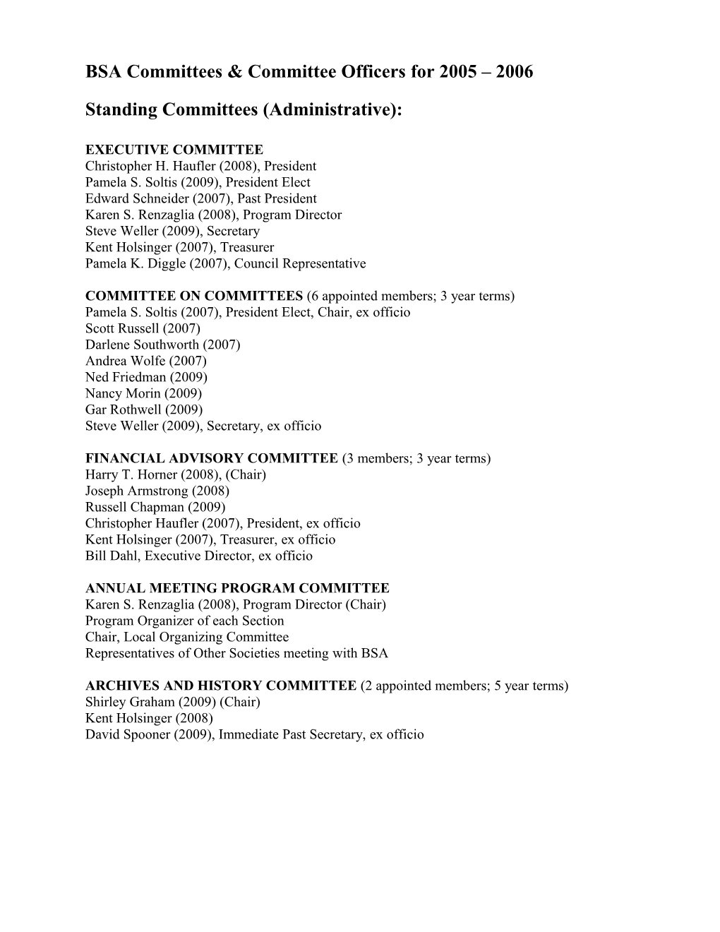 BSA Committees & Committee Officers for 2005 - 2006