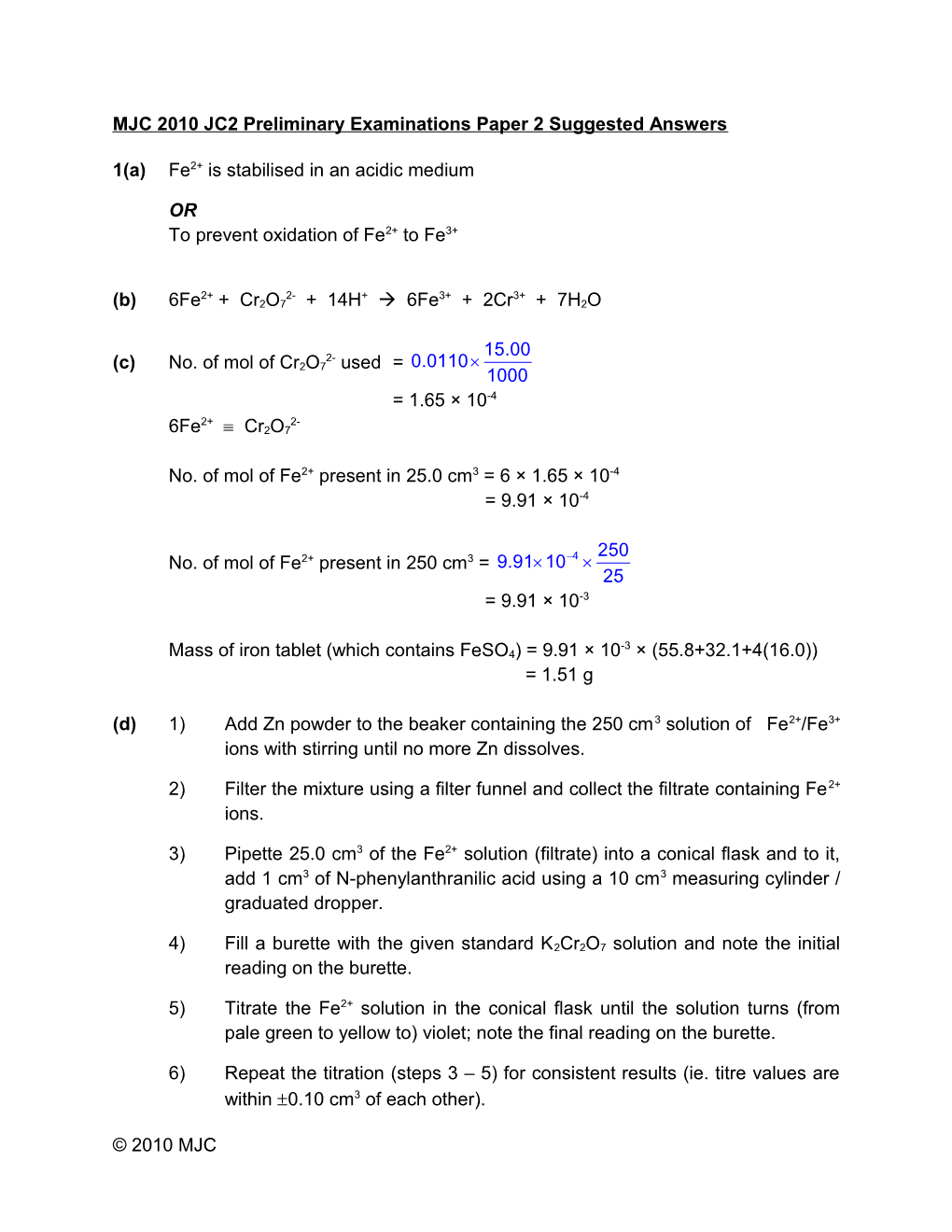 MJC 2010 JC2 Preliminary Examinations Paper 2 Suggested Answers