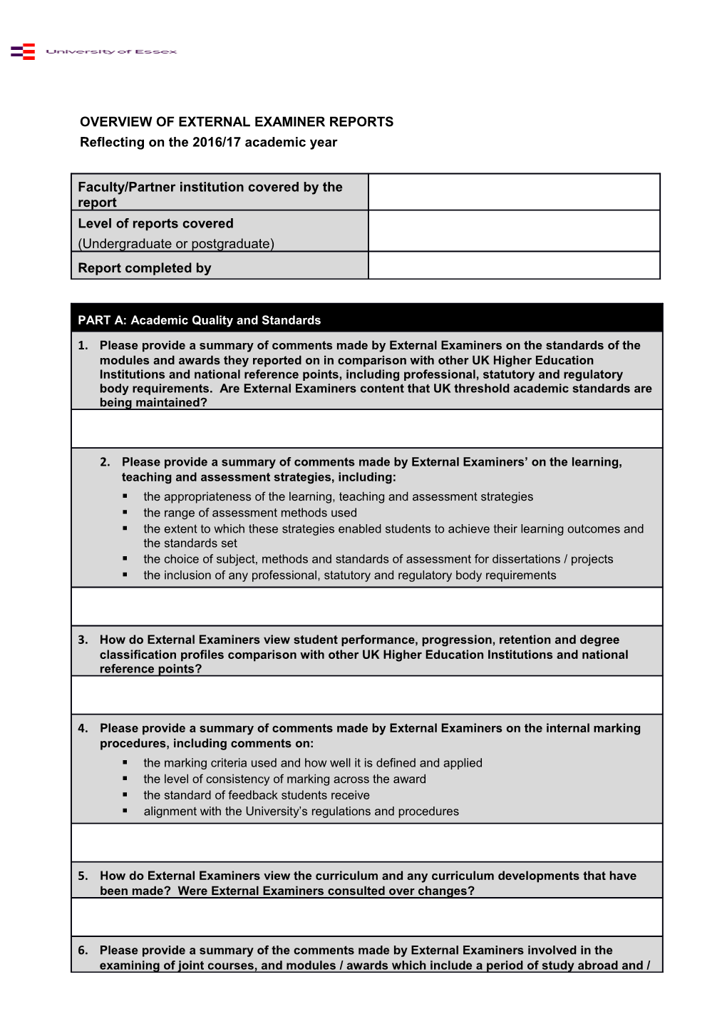 Overview of External Examiner Reports