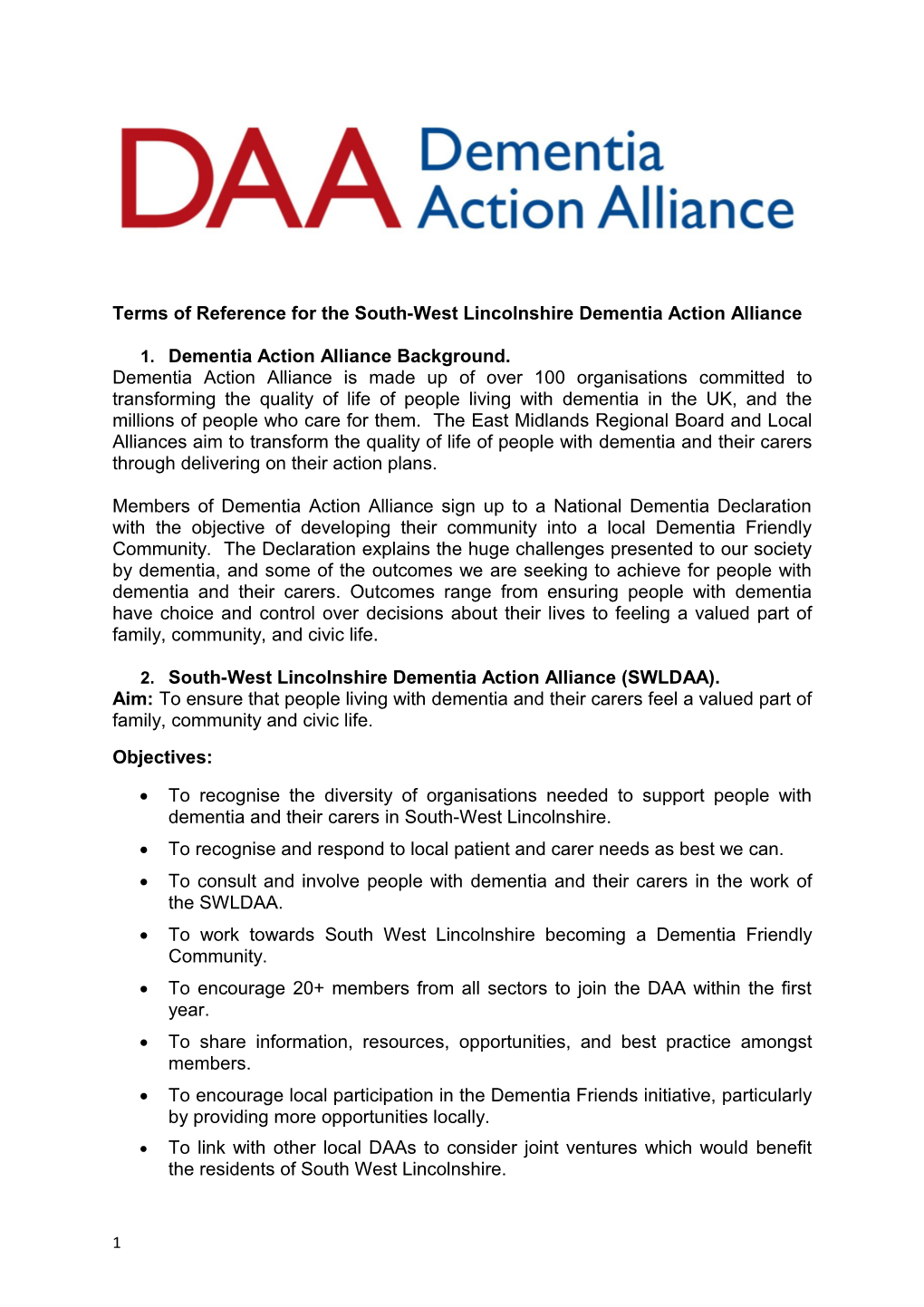Terms of Reference for the South-West Lincolnshire Dementia Action Alliance