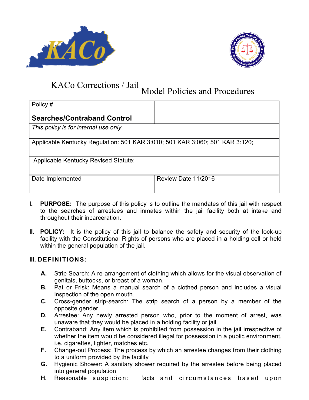 Kaco Corrections / Jail Modelpolicies and Procedures