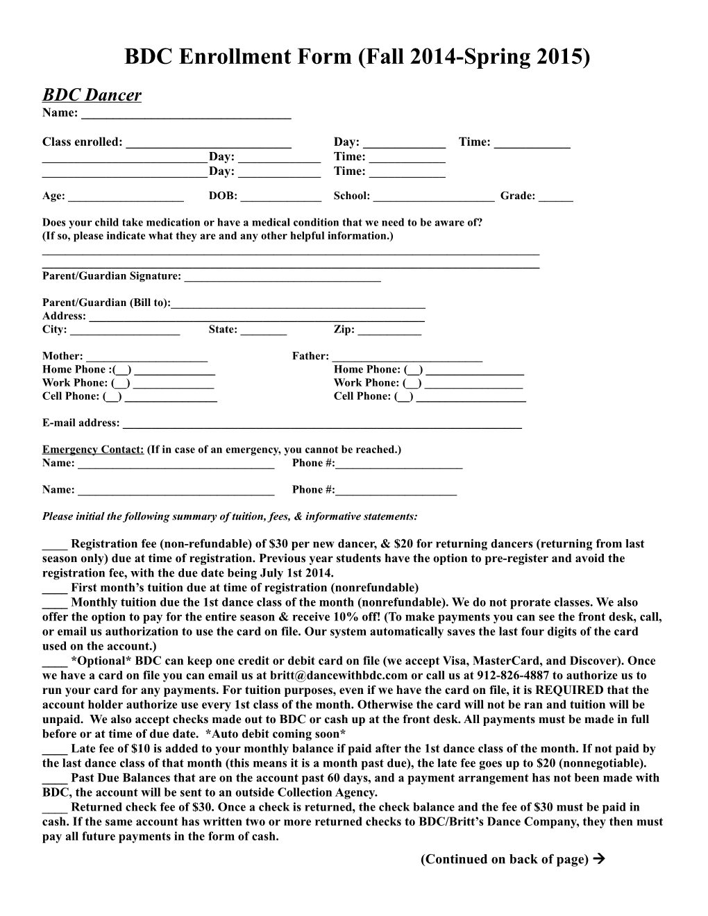 BDC Enrollment Form (Fall 2014-Spring 2015)