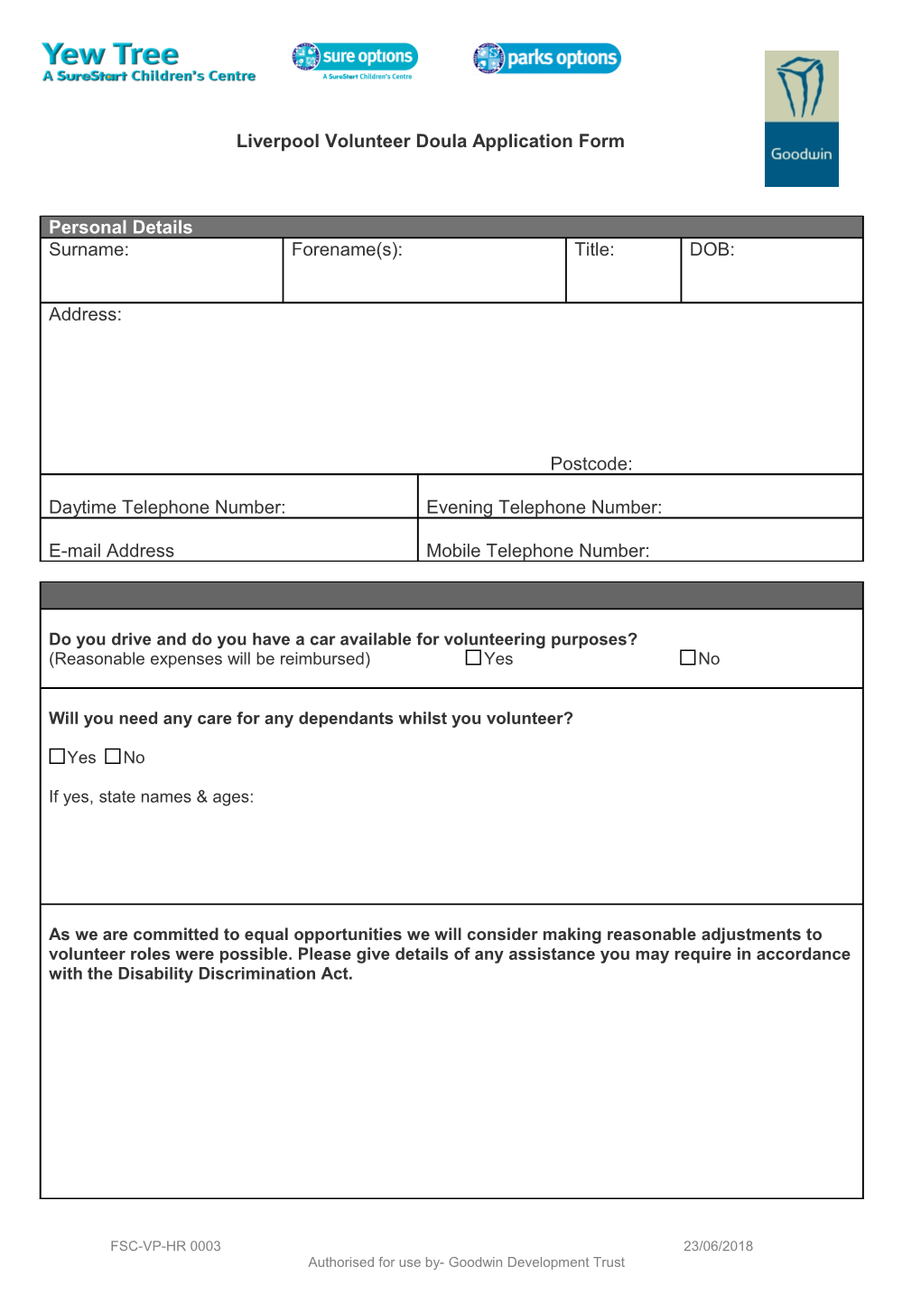 Liverpool Volunteer Doula Application Form