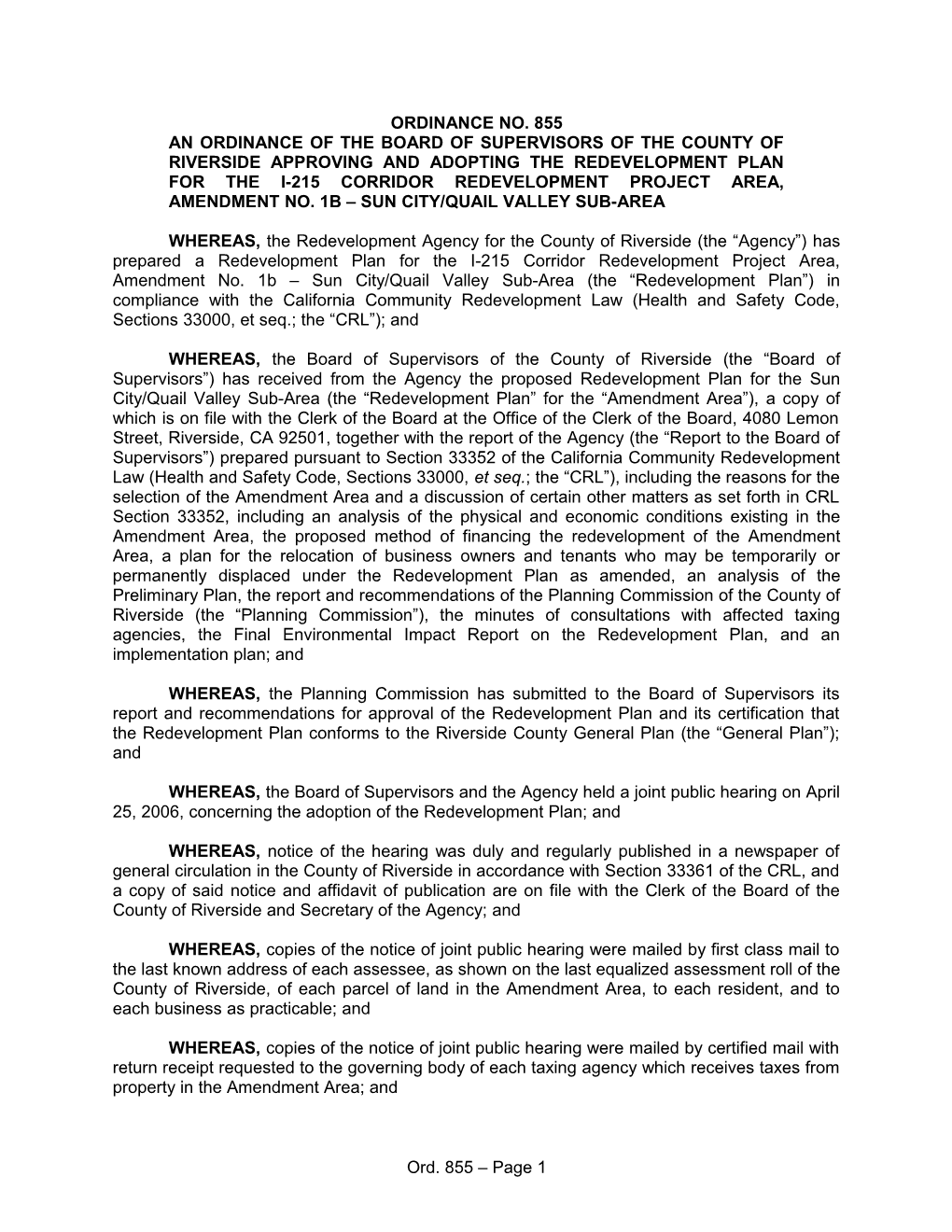 An Ordinance of the Board of Supervisors of the County of Riverside Approving and Adopting