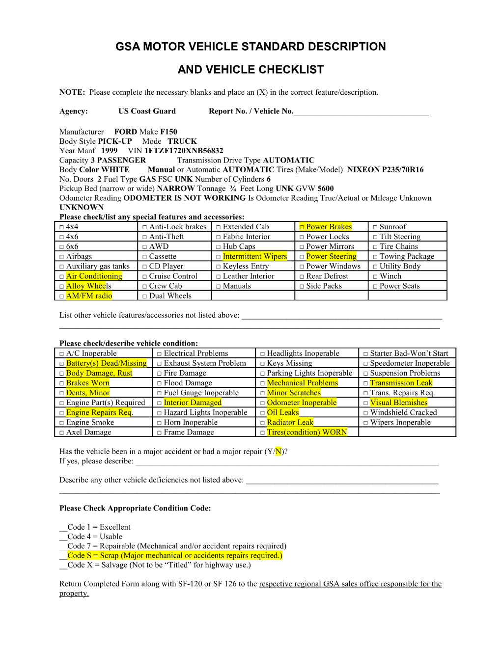 Motor Vehicle Description Checklist