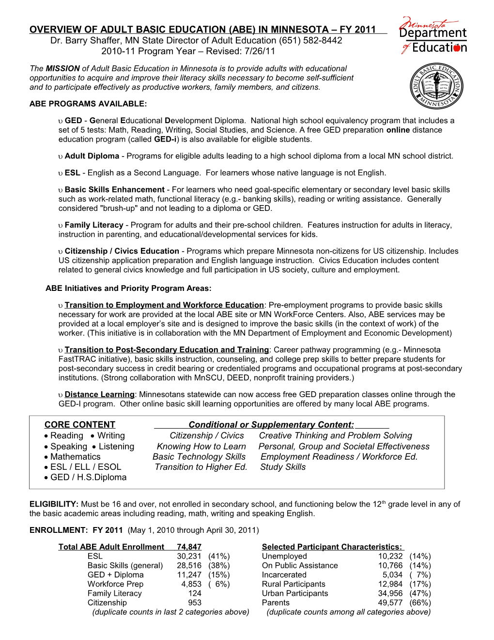 Overview of Adult Basic Education (Abe) in Minnesota