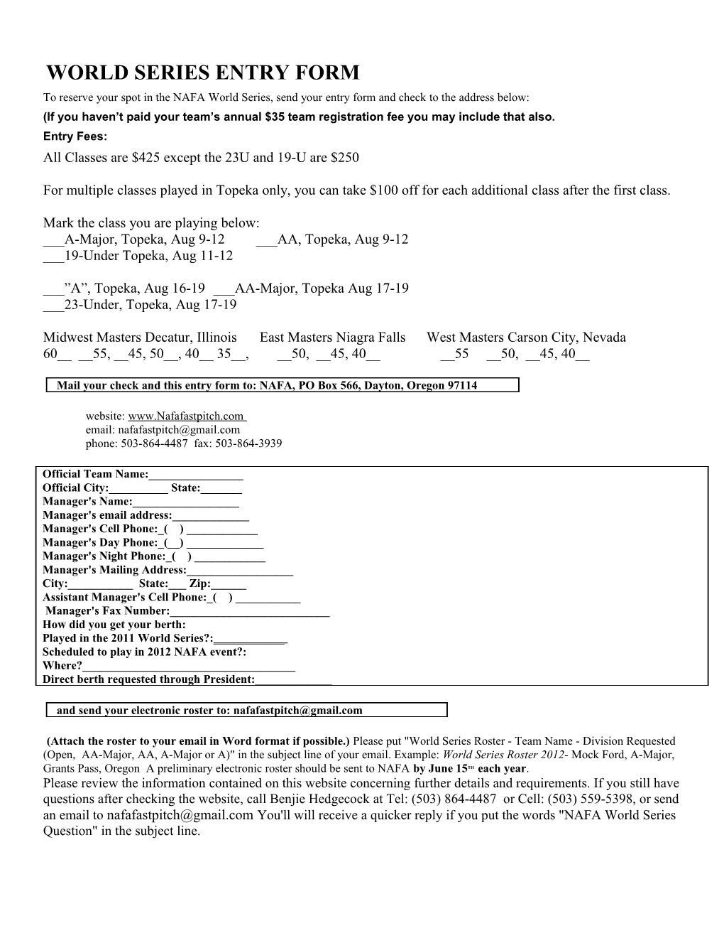 World Series Entry Form