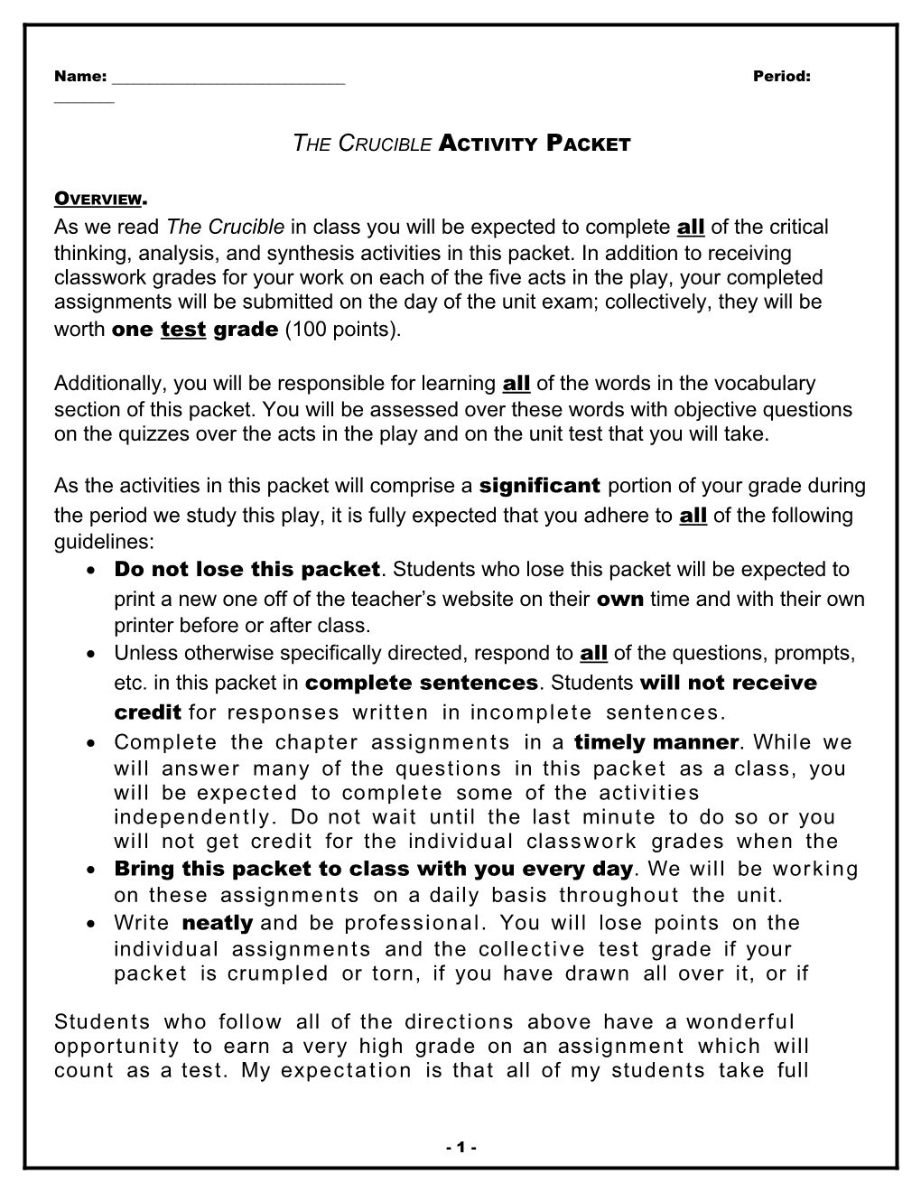 The Crucible Activity Packet