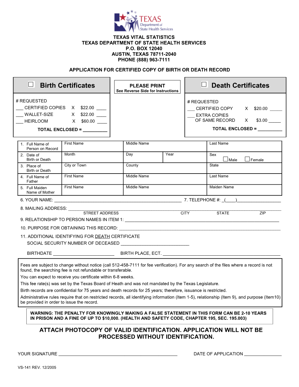 Application for Certified Copy of Birth Or Death Record