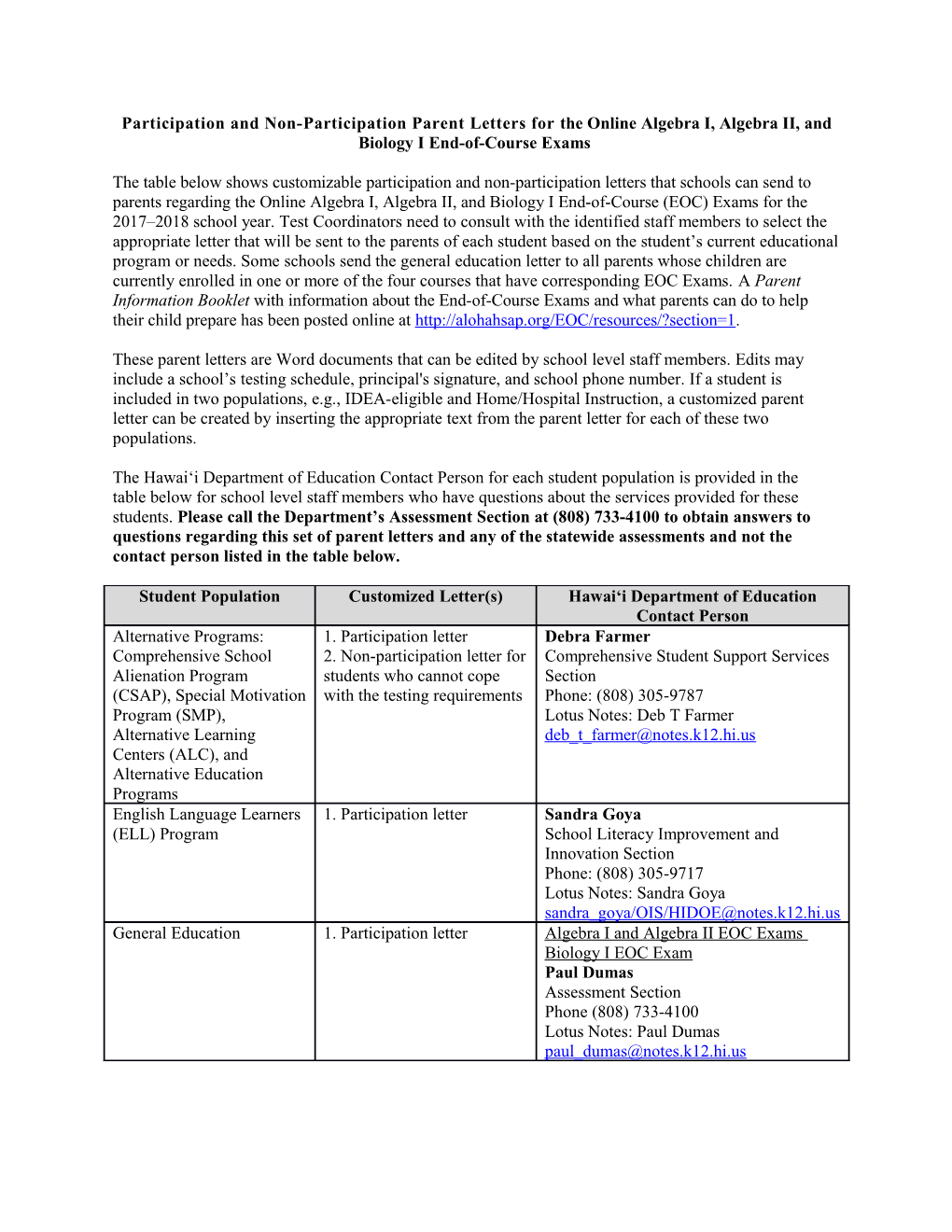 Participation and Non-Participation Parent Letters Forthe Online Algebra I, Algebra II