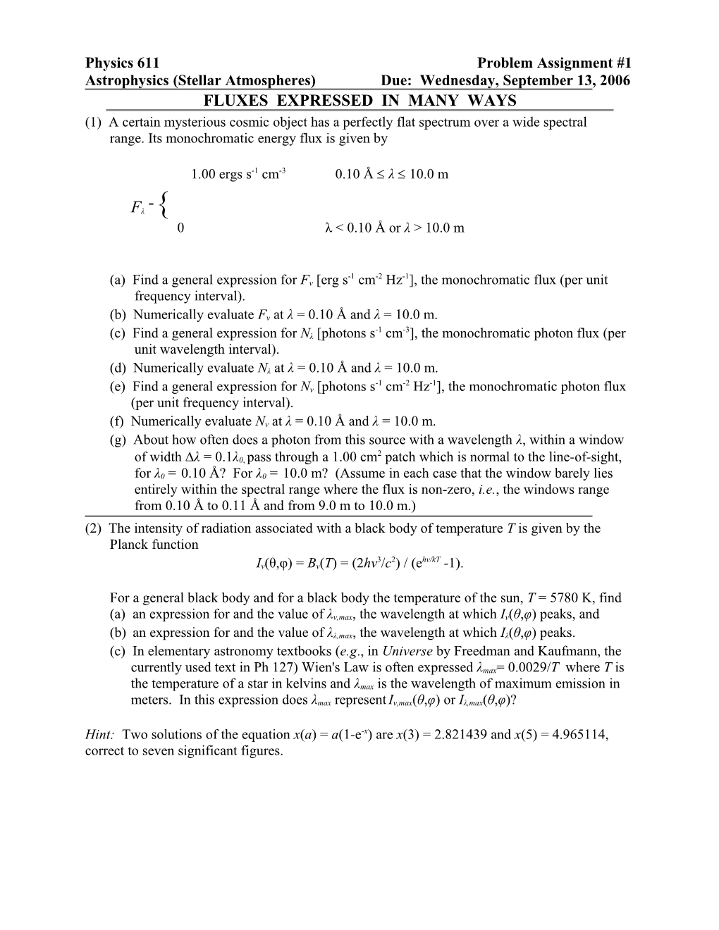 Physics 611 Problem Assignment #1