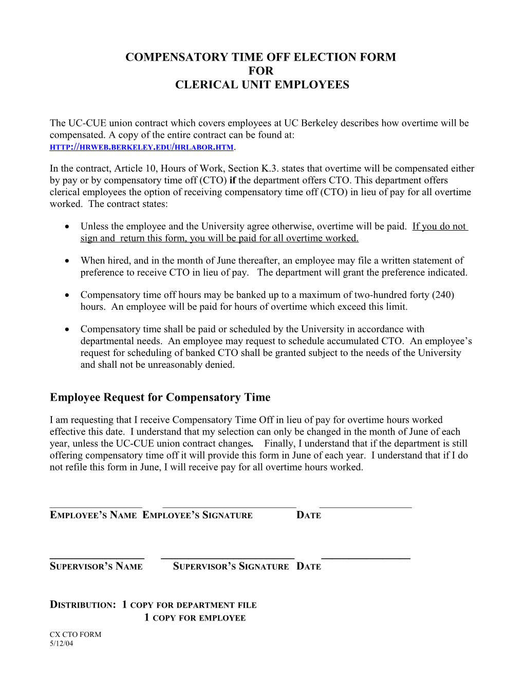 Compensatory Election Form for Clerical Unit Employees