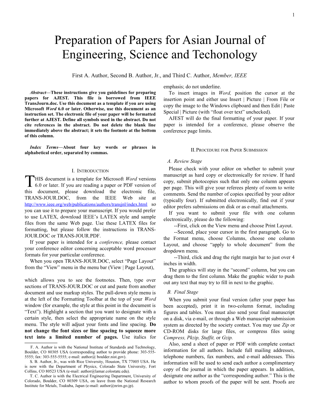 Preparation of Papers for Asian Journal of Engineering, Science and Techonology