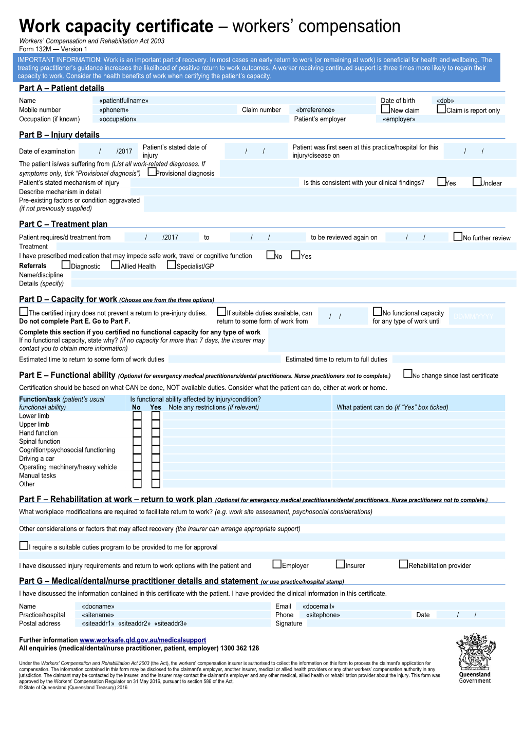 Form 132M - Work Capacity Certificate - Workers' Compensation