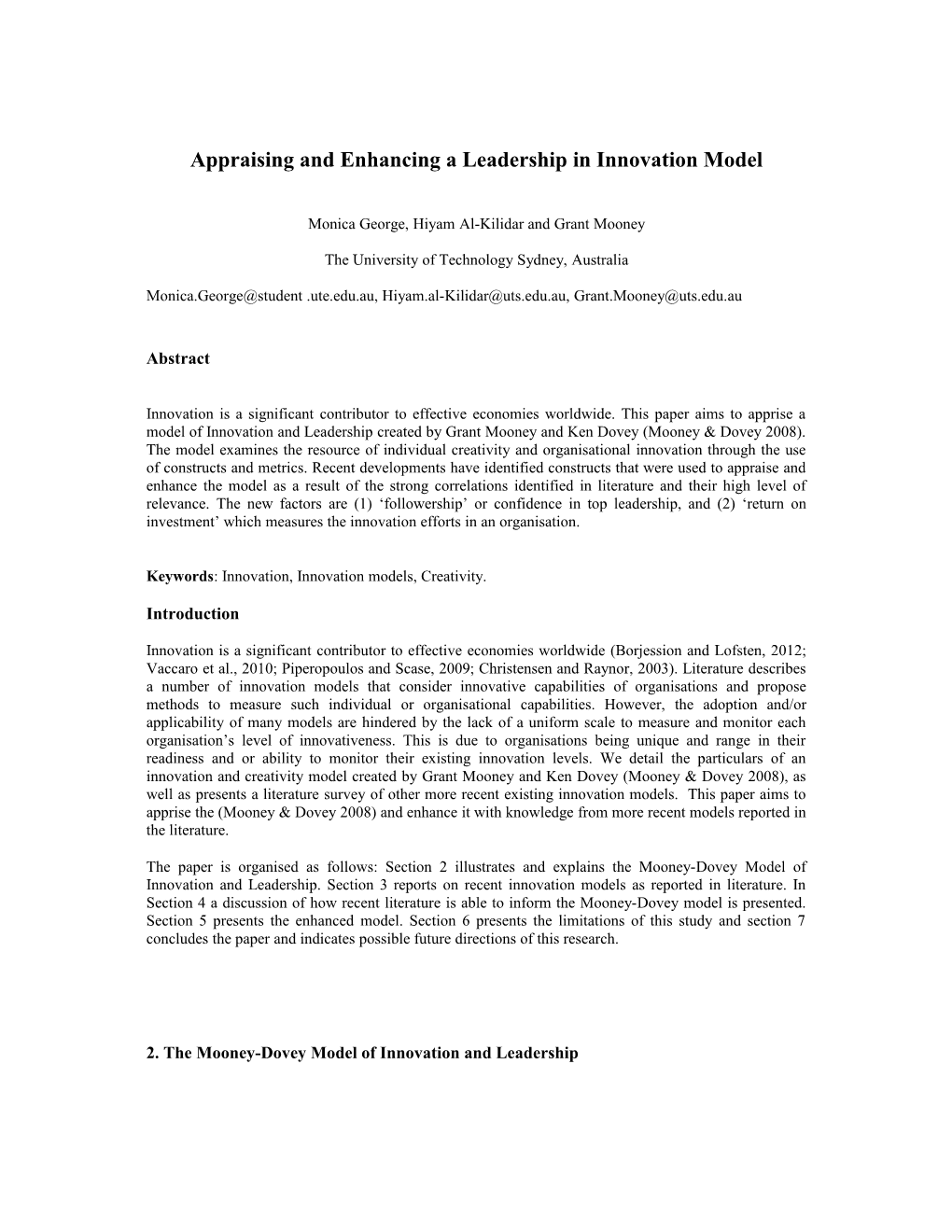 Appraising and Enhancing a Leadership in Innovation Model