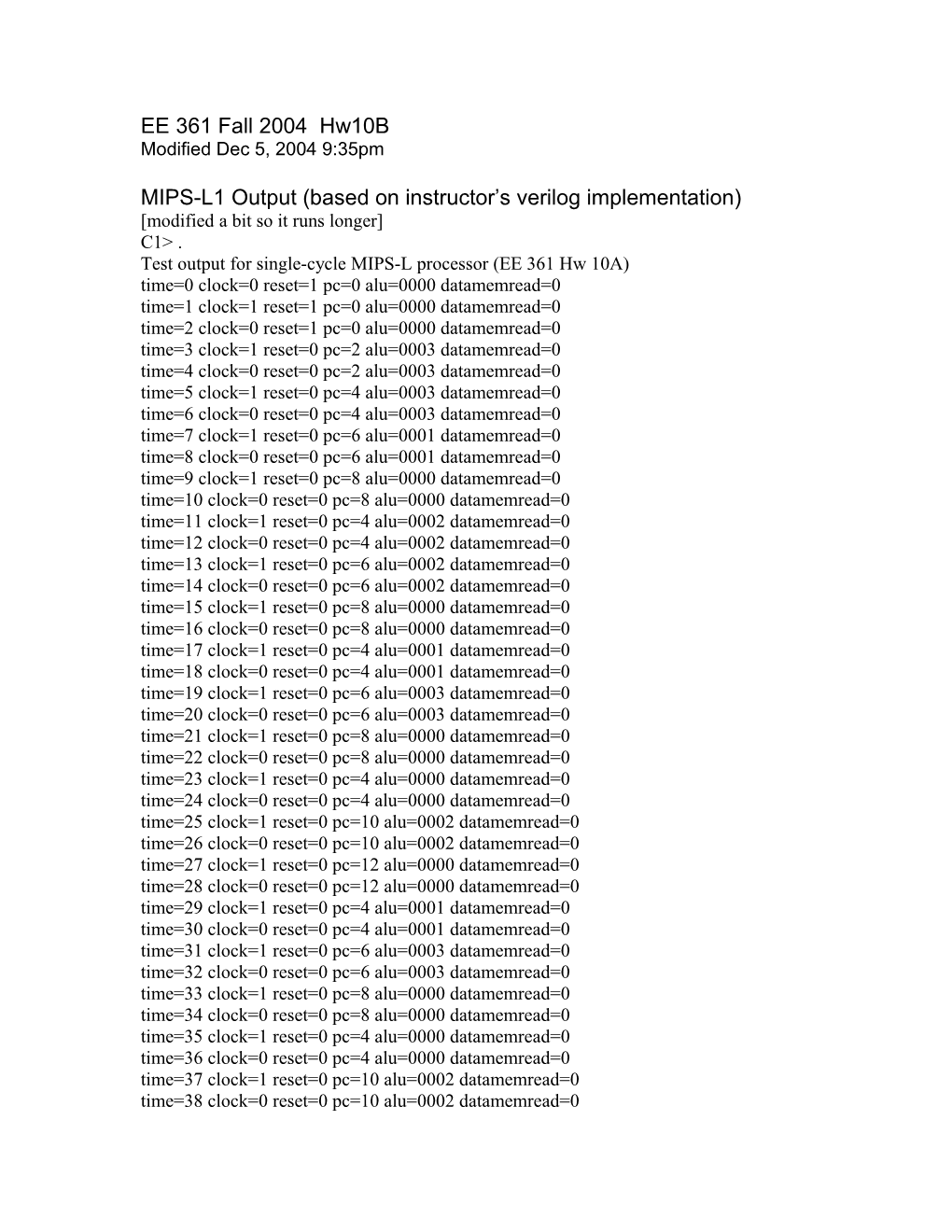 MIPS-L1 Output (Based on Instructor S Verilog Implementation)