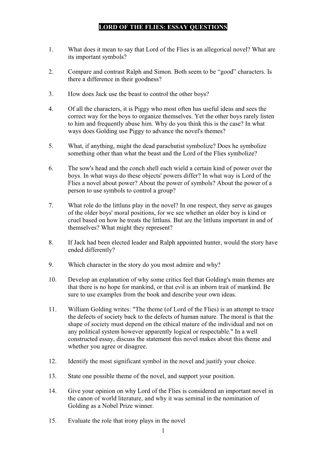 Lord of the Flies: Essay Questions