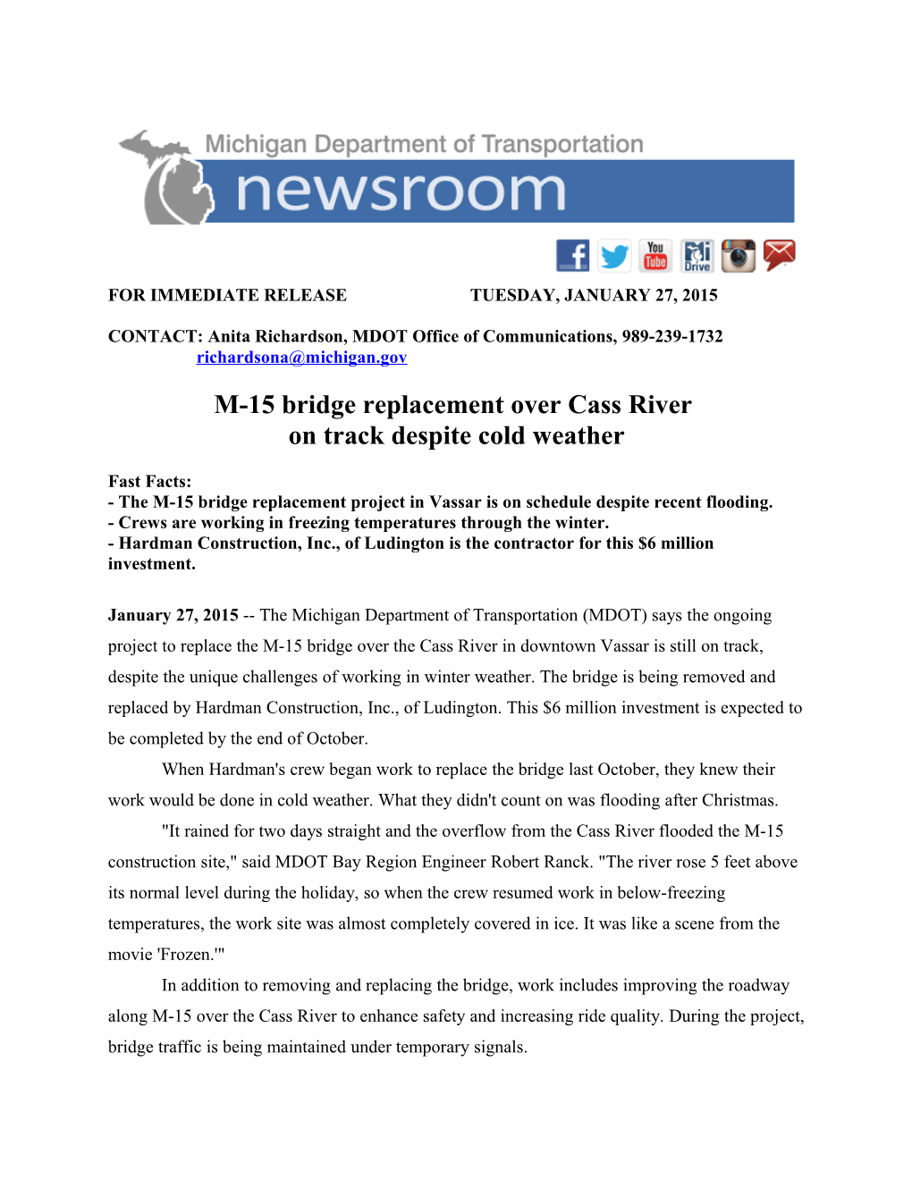 For Immediate Release Tuesday, January 27, 2015