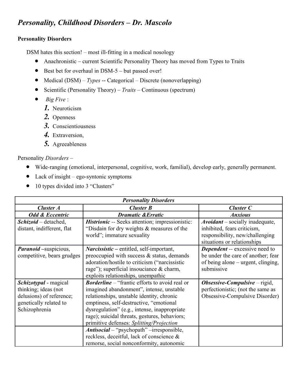 Personality, Childhood Disorders Dr. Mascolo