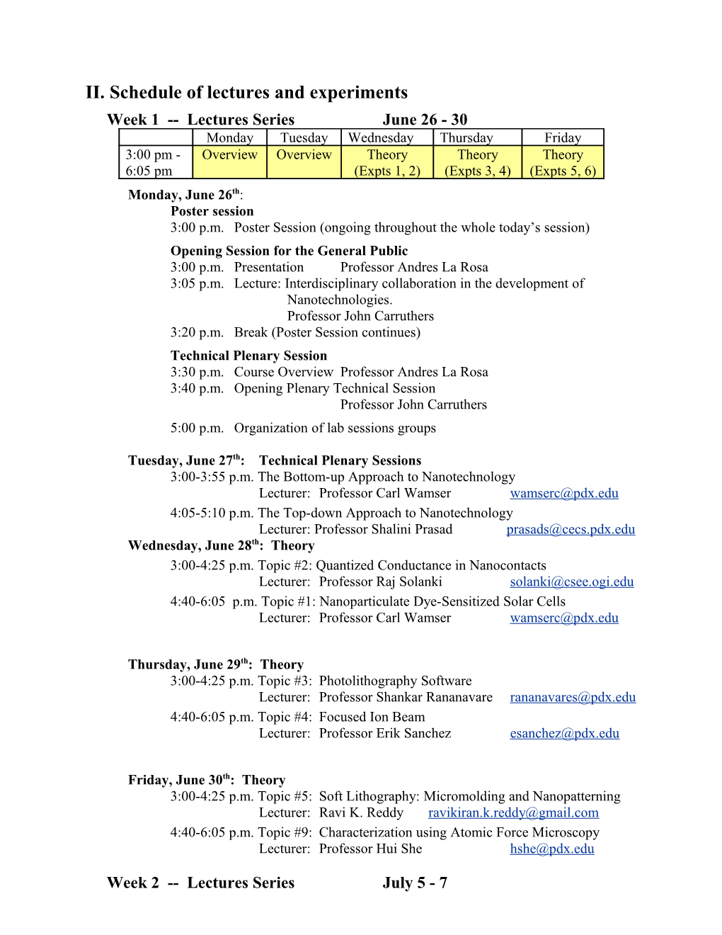 II. Schedule of Lectures and Experiments