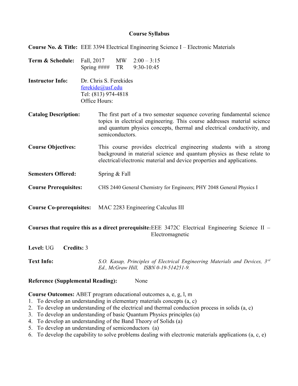 EEL 5382 Physical Basis of Microelectronics