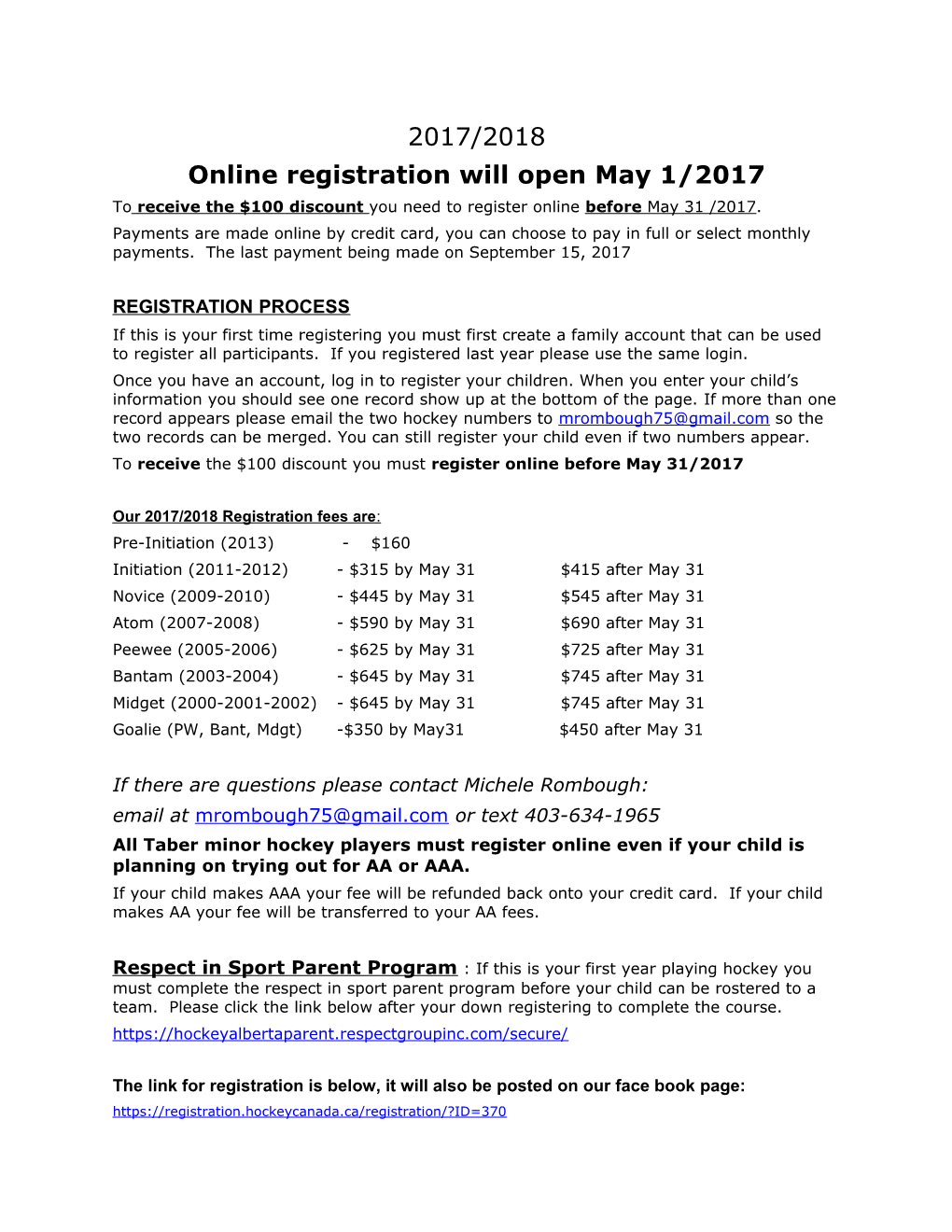Online Registration Will Open May 1/2017