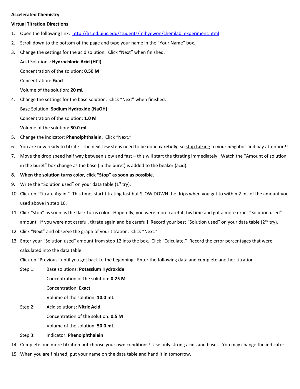 Virtual Titration Directions