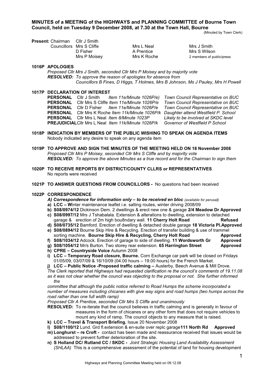 MINUTES of a MEETING by the HIGHWAYS and PLANNING COMMITTEE s1