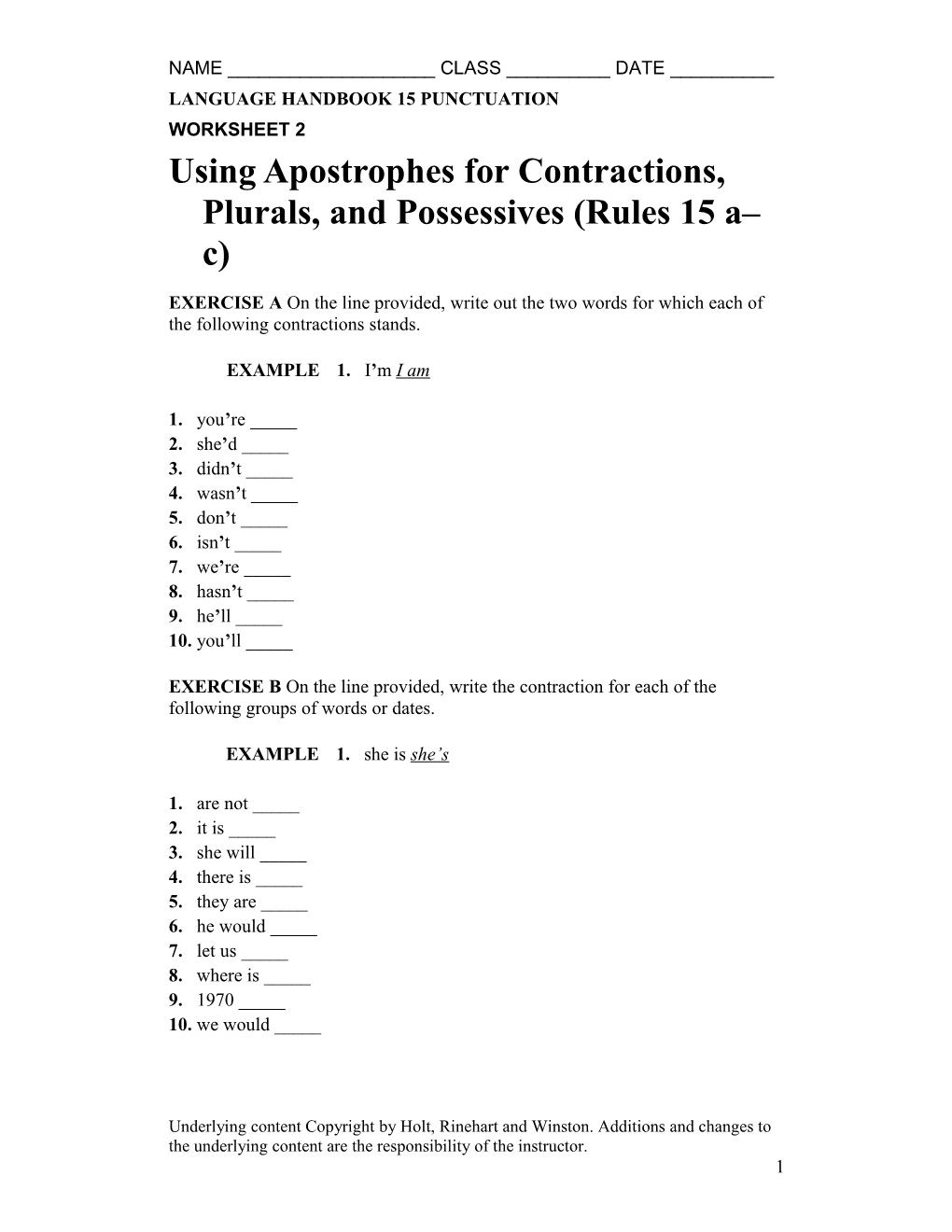 Using Apostrophes for Contractions, Plurals, and Possessives (Rules 15 a C)