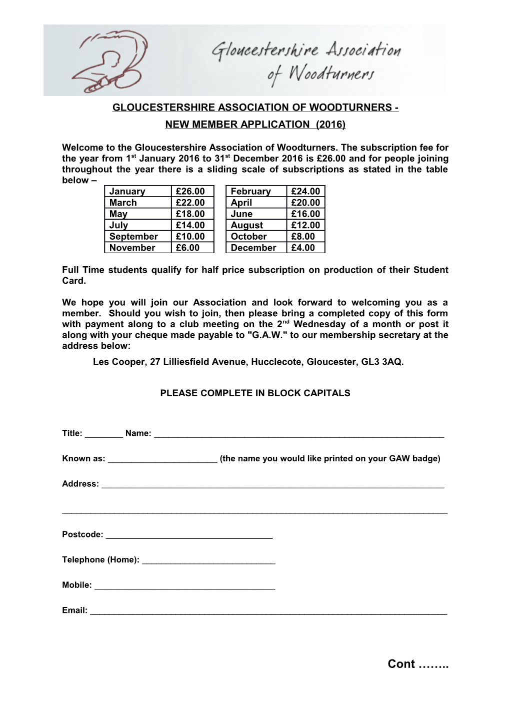 Gloucestershire Association of Woodturners -Membership Application