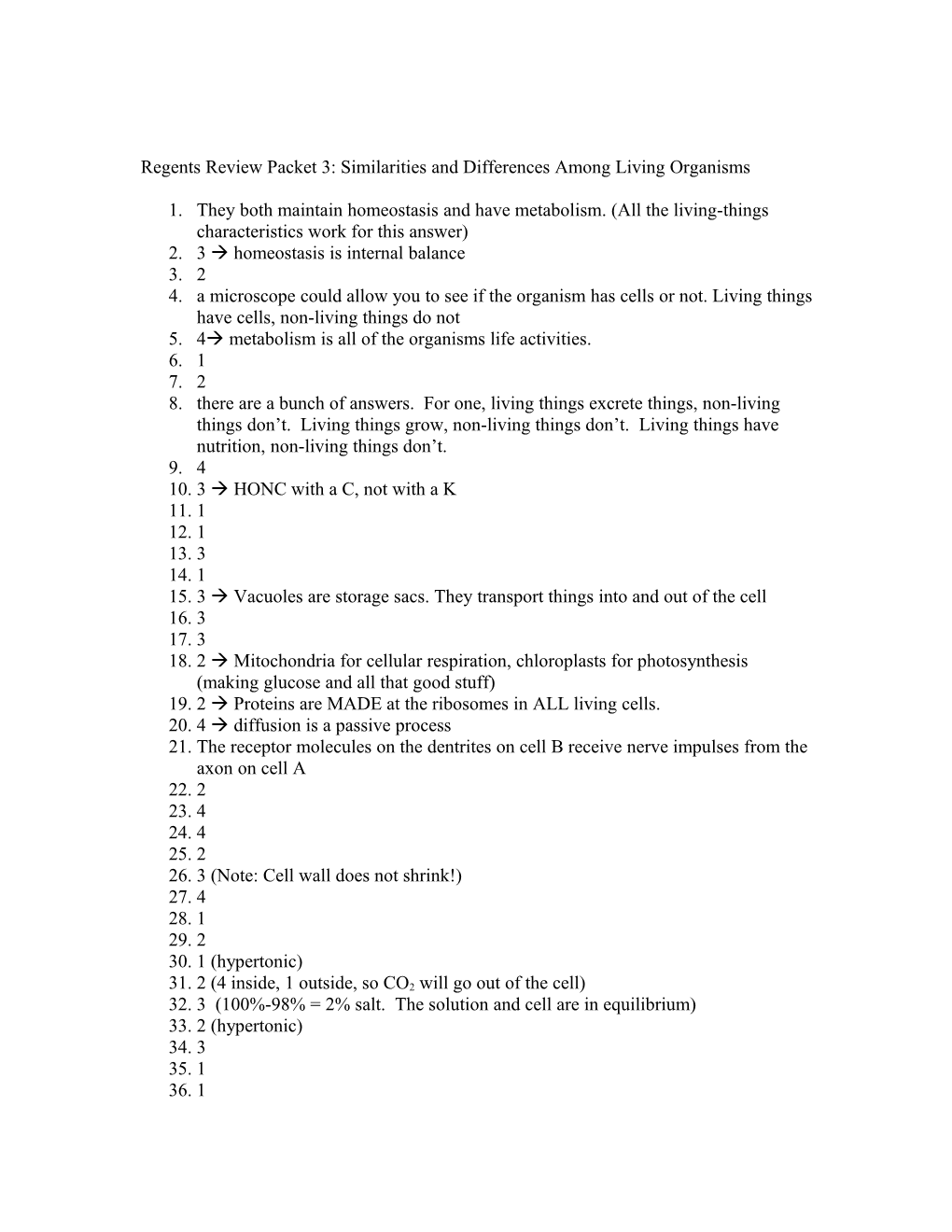 Regents Review Packet 3: Similarities and Differences Among Living Organisms