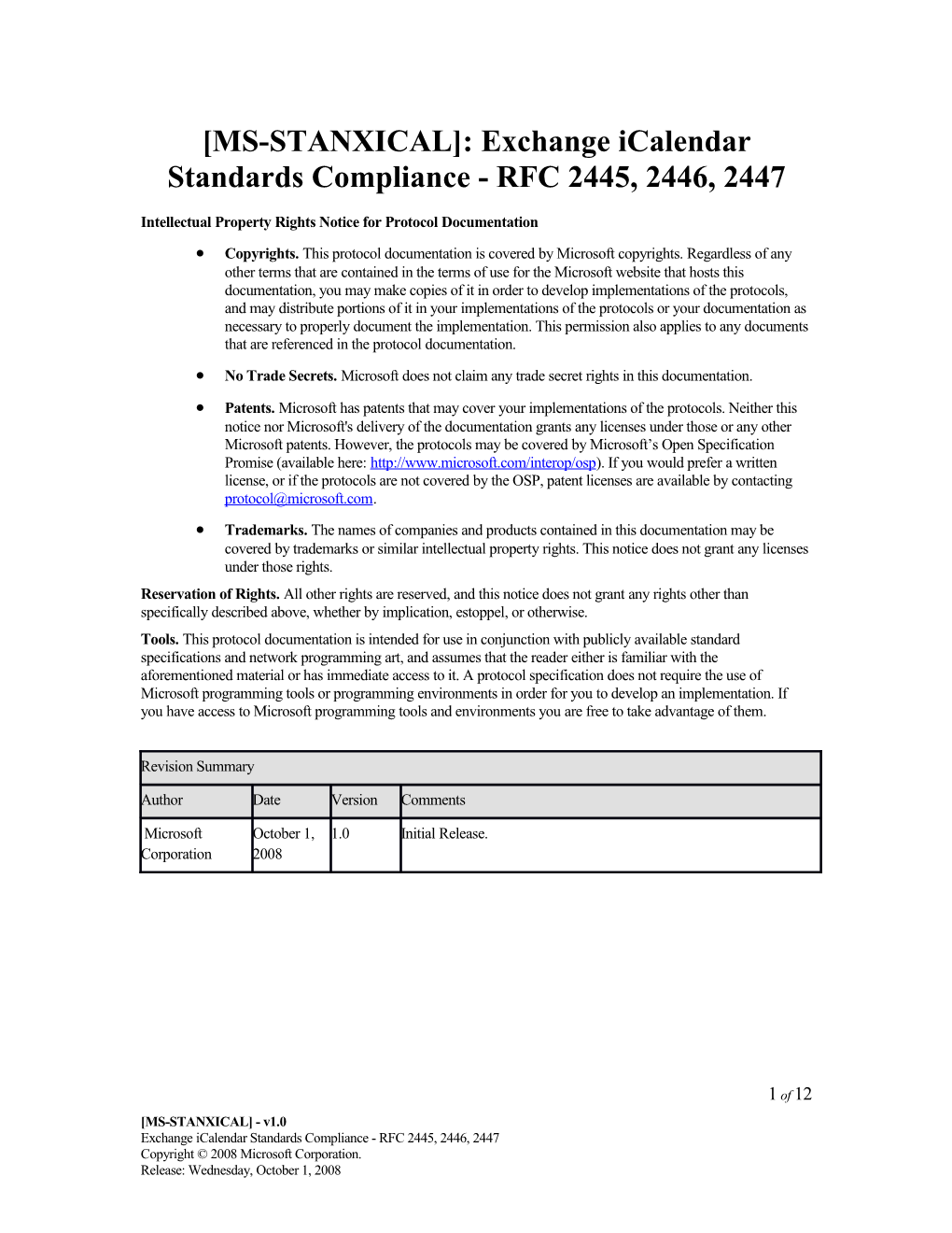 MS-STANXICAL : Exchange Icalendar Standards Compliance - RFC 2445, 2446, 2447