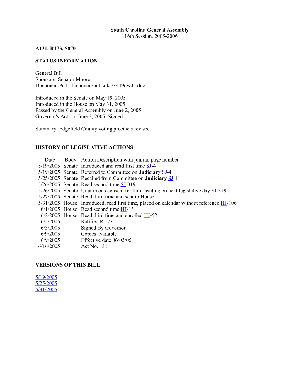 2005-2006 Bill 870: Edgefield County Voting Precincts Revised - South Carolina Legislature