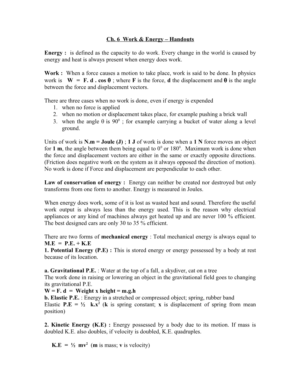 Ch. 6 Work & Energy Handouts