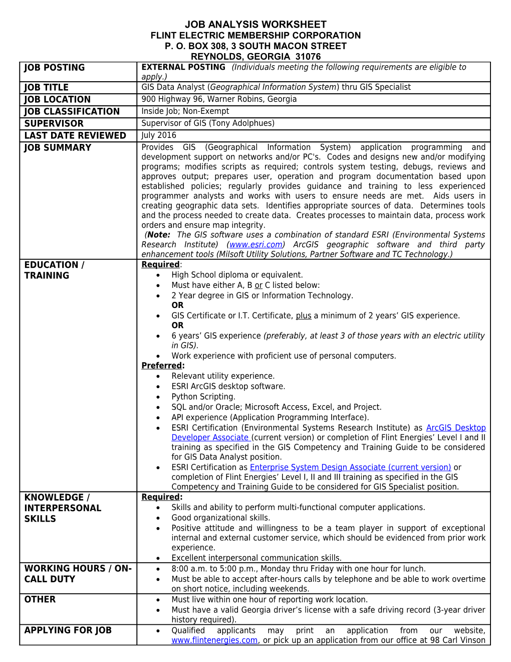 Job Analysis Worksheet