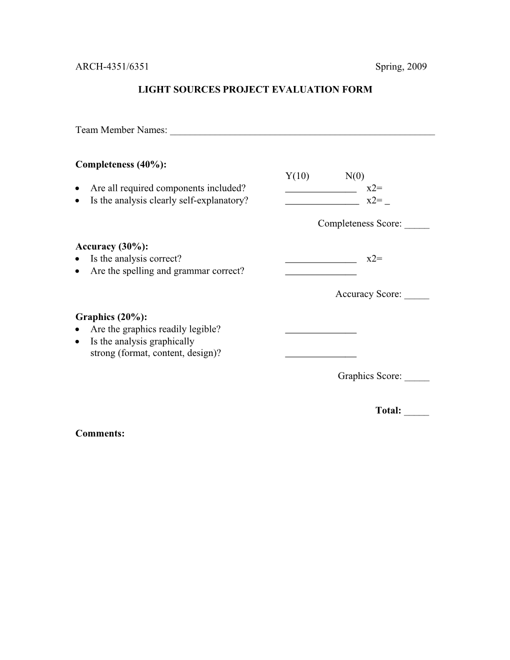 Light Sourcesproject EVALUATION FORM