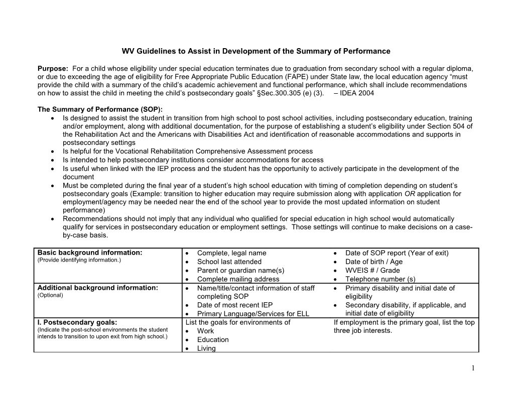 Summary of Performance: Guidelines to Assist in Development of the Document