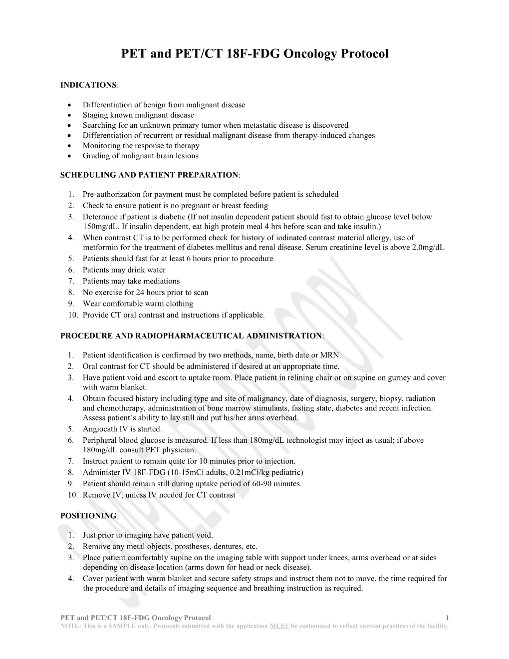 PET and PET/CT 18F-FDG Oncology Protocol