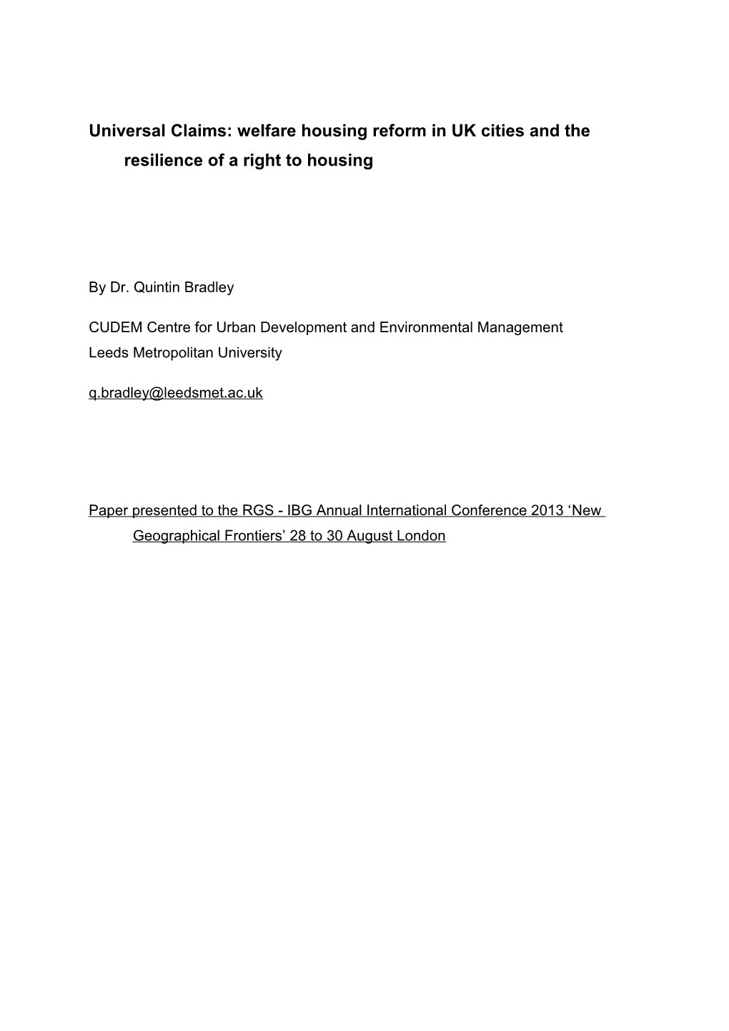 Universal Claims: Welfare Housing Reform in UK Cities and the Resilience of a Right to Housing