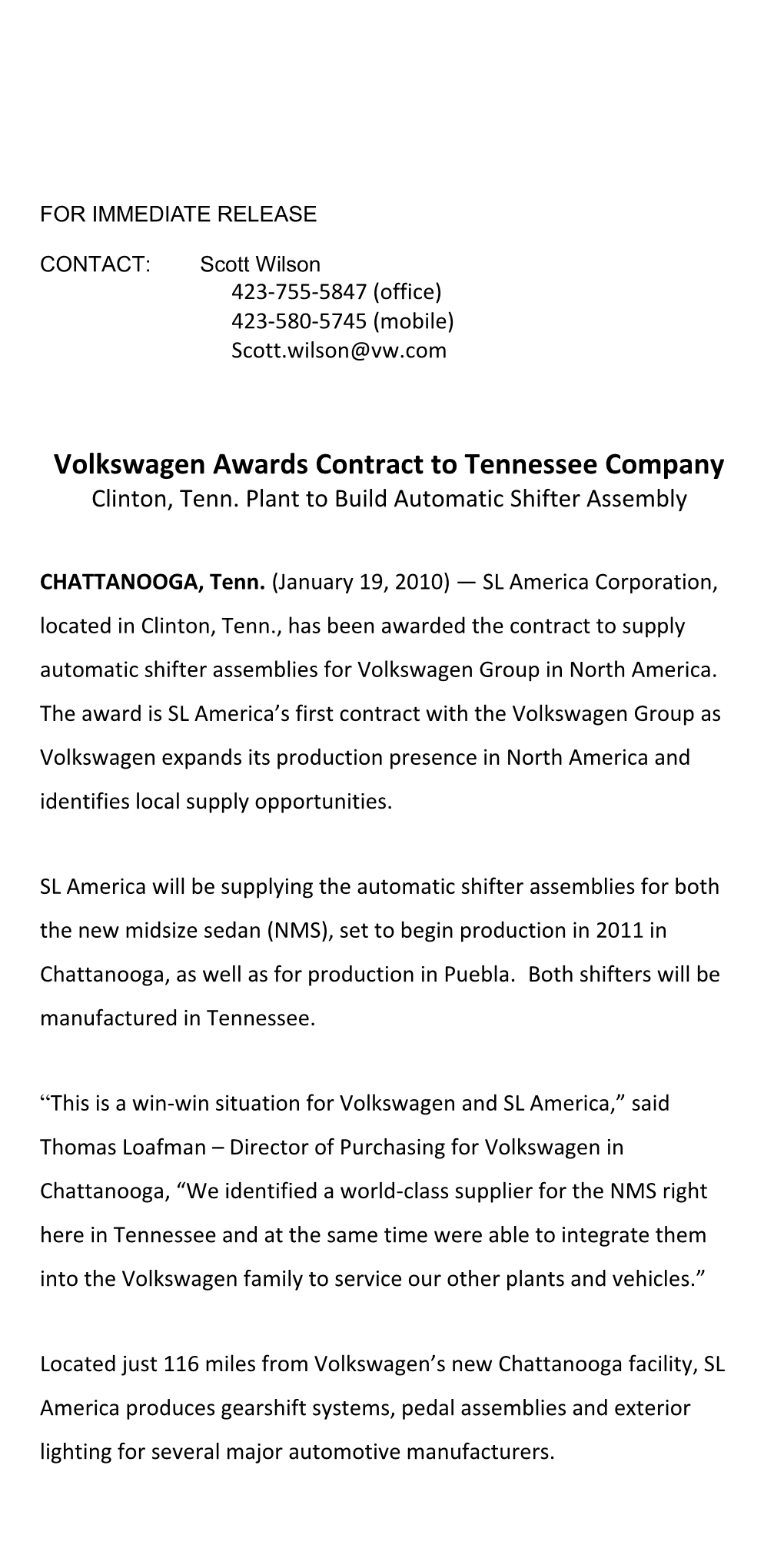 Volkswagen Awards Contract to Tennessee Company