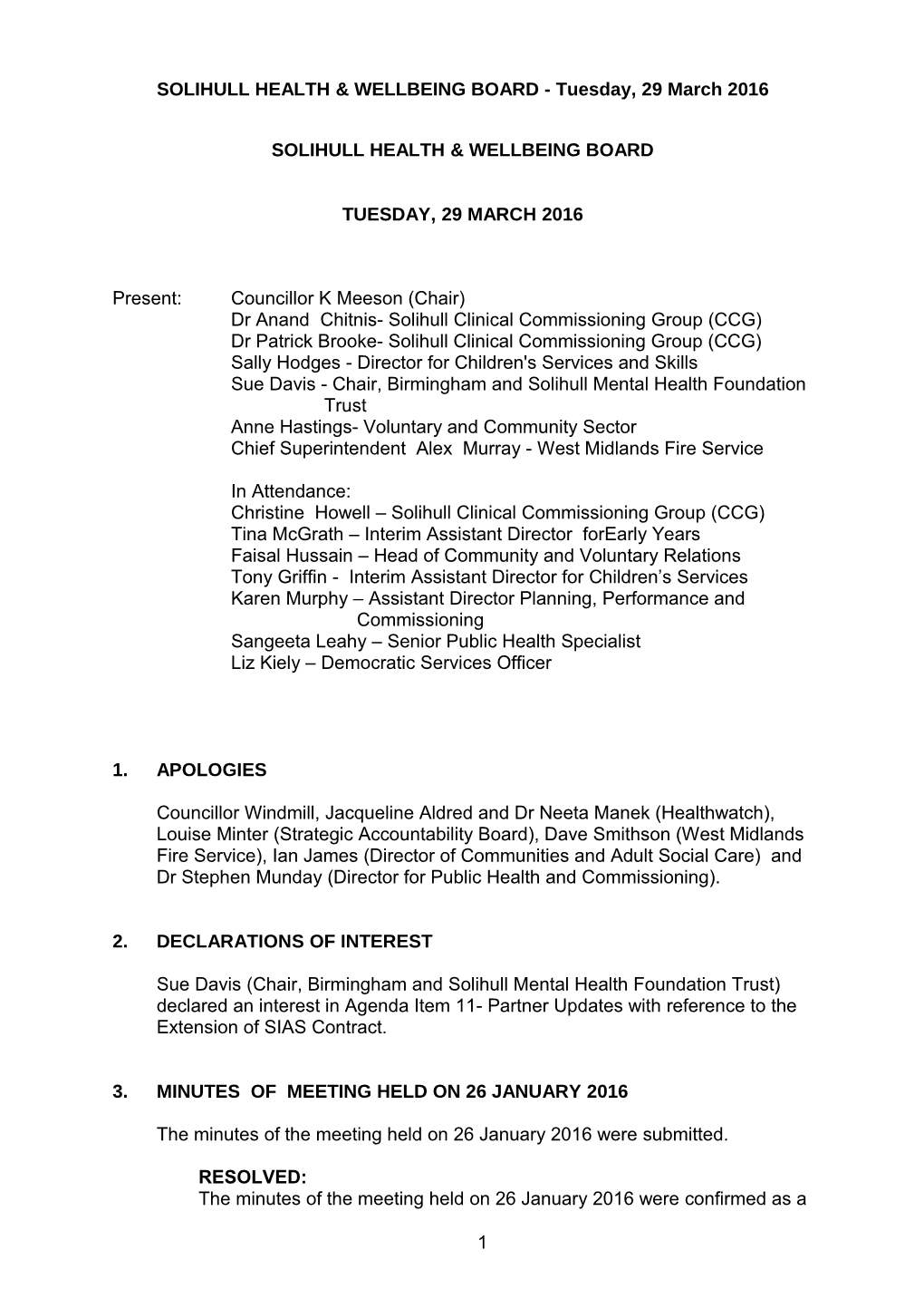 Solihull Health & Wellbeing Board - 29 March 2016
