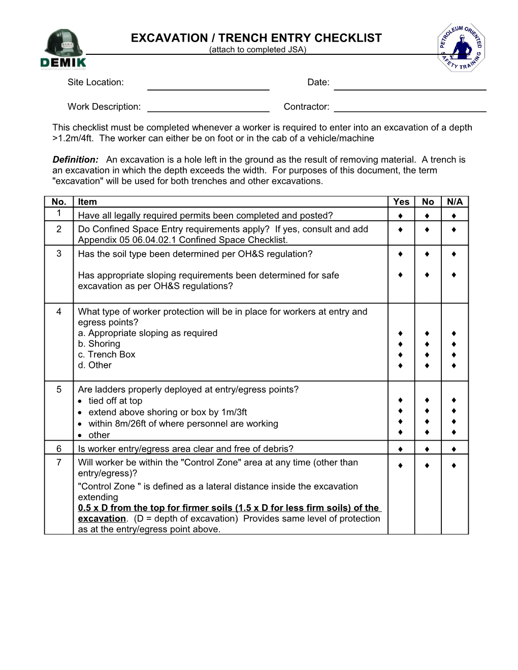 This Checklist Must Be Completed Whenever a Worker Is Required to Enter Into an Excavation