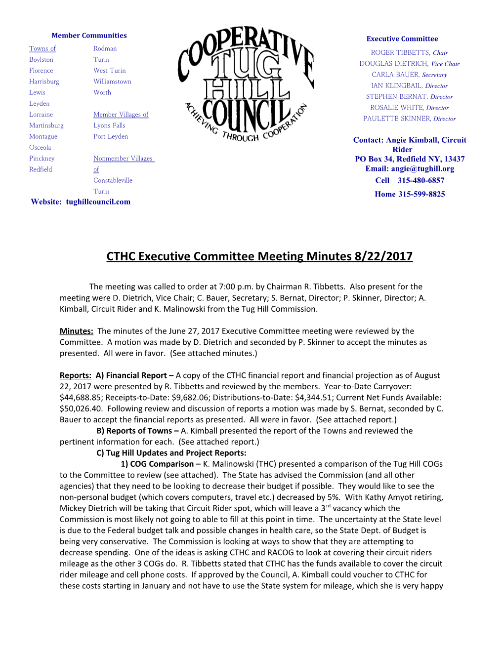 CTHC Executive Committee Meeting Minutes 8/22/2017