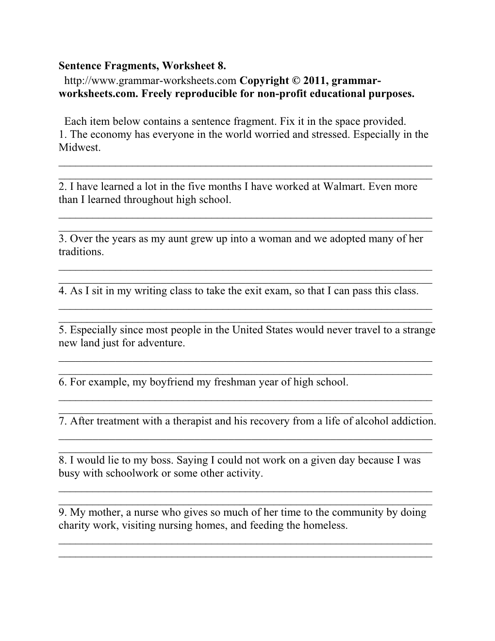 Sentence Fragments, Worksheet 8