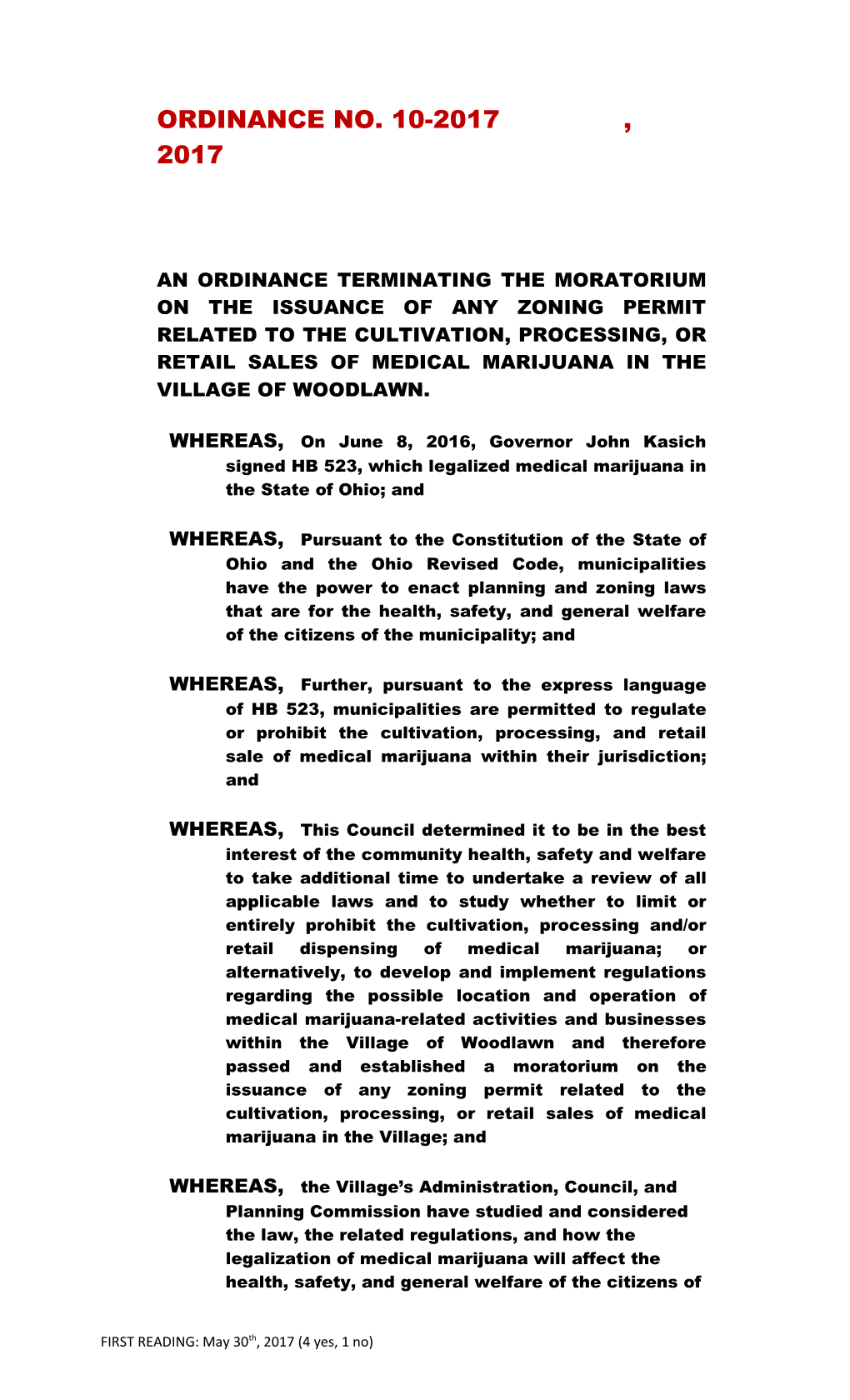 An Ordinance Terminating the Moratorium on the Issuance of Any Zoning Permit Related To
