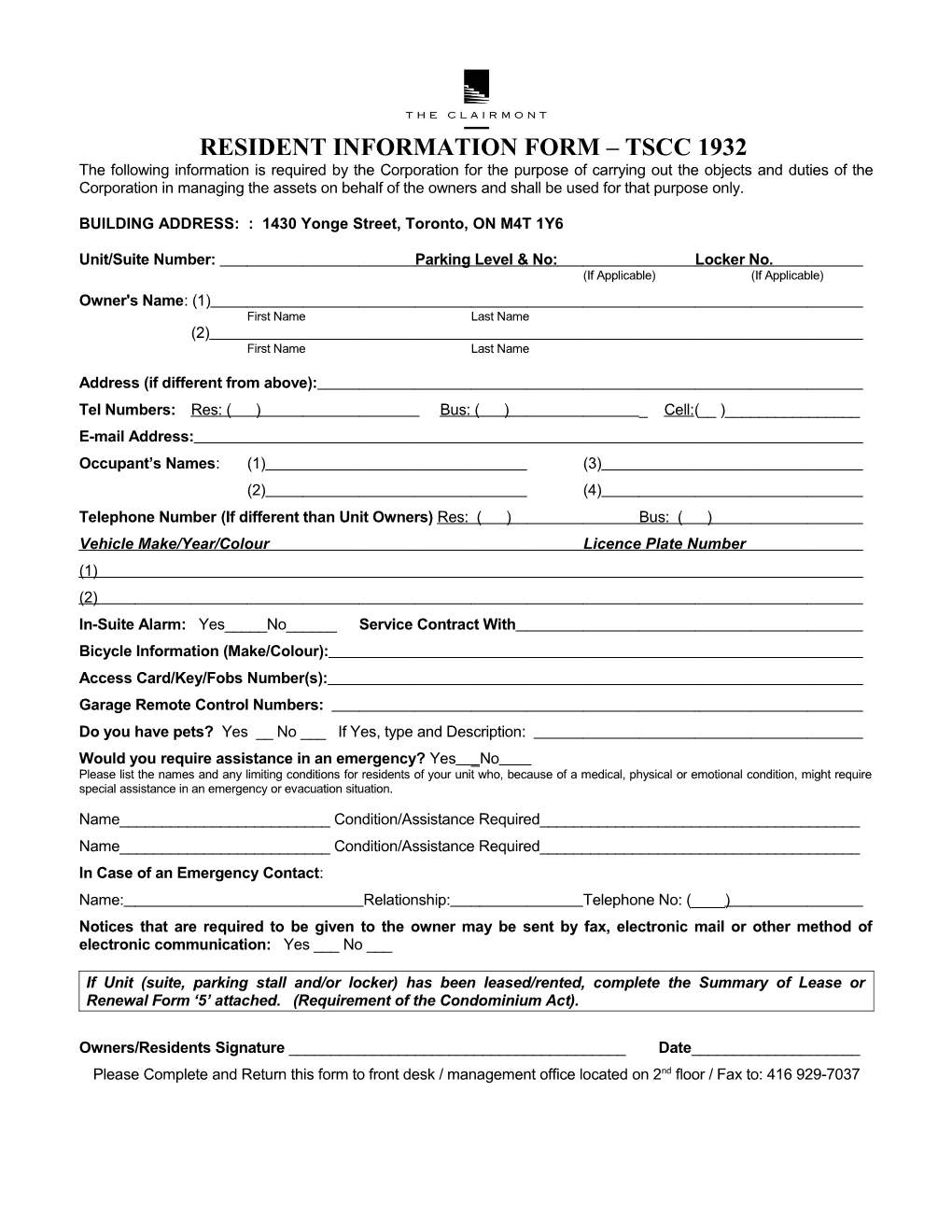 Resident Information Form Tscc 1932